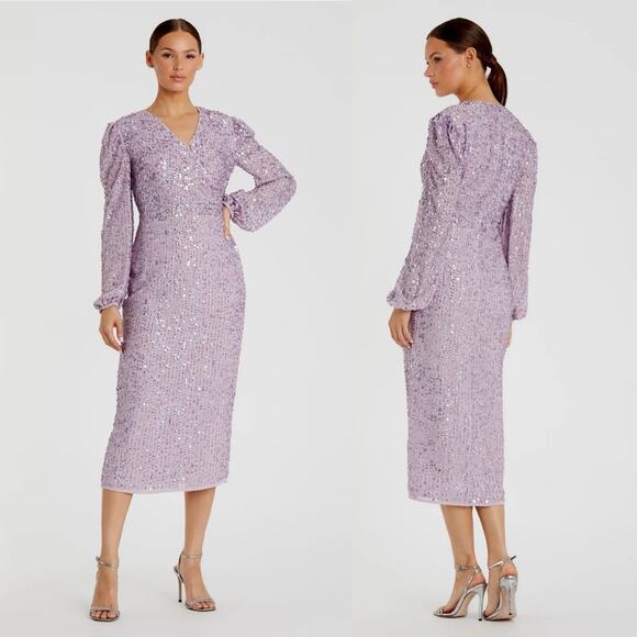 MAC DUGGAL Purple Sequin Illusion Puff Sleeve V Neck Midi Dress Size 2